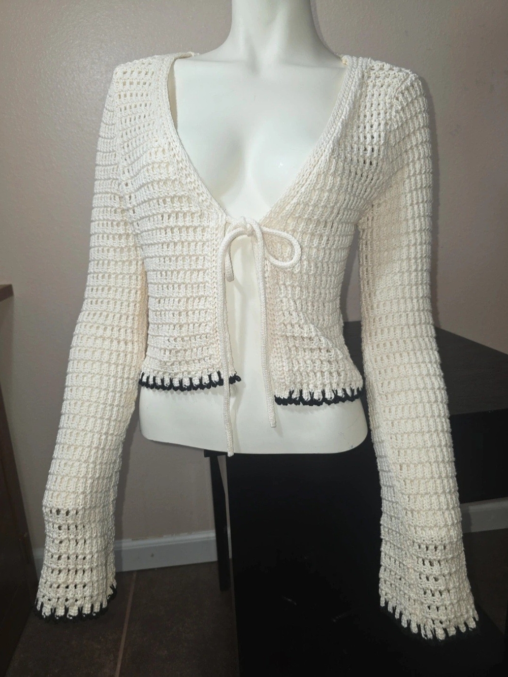 Bershka Cream Crochet Tie-Front V-Neck Sweater with Black Trim